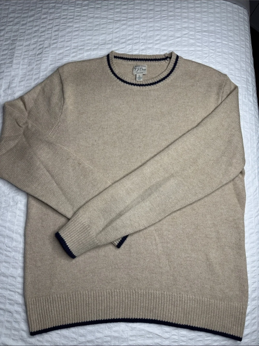 J. Crew Men’s Crewneck Wool Blend Sweater in Beige with Navy Trim - Size L